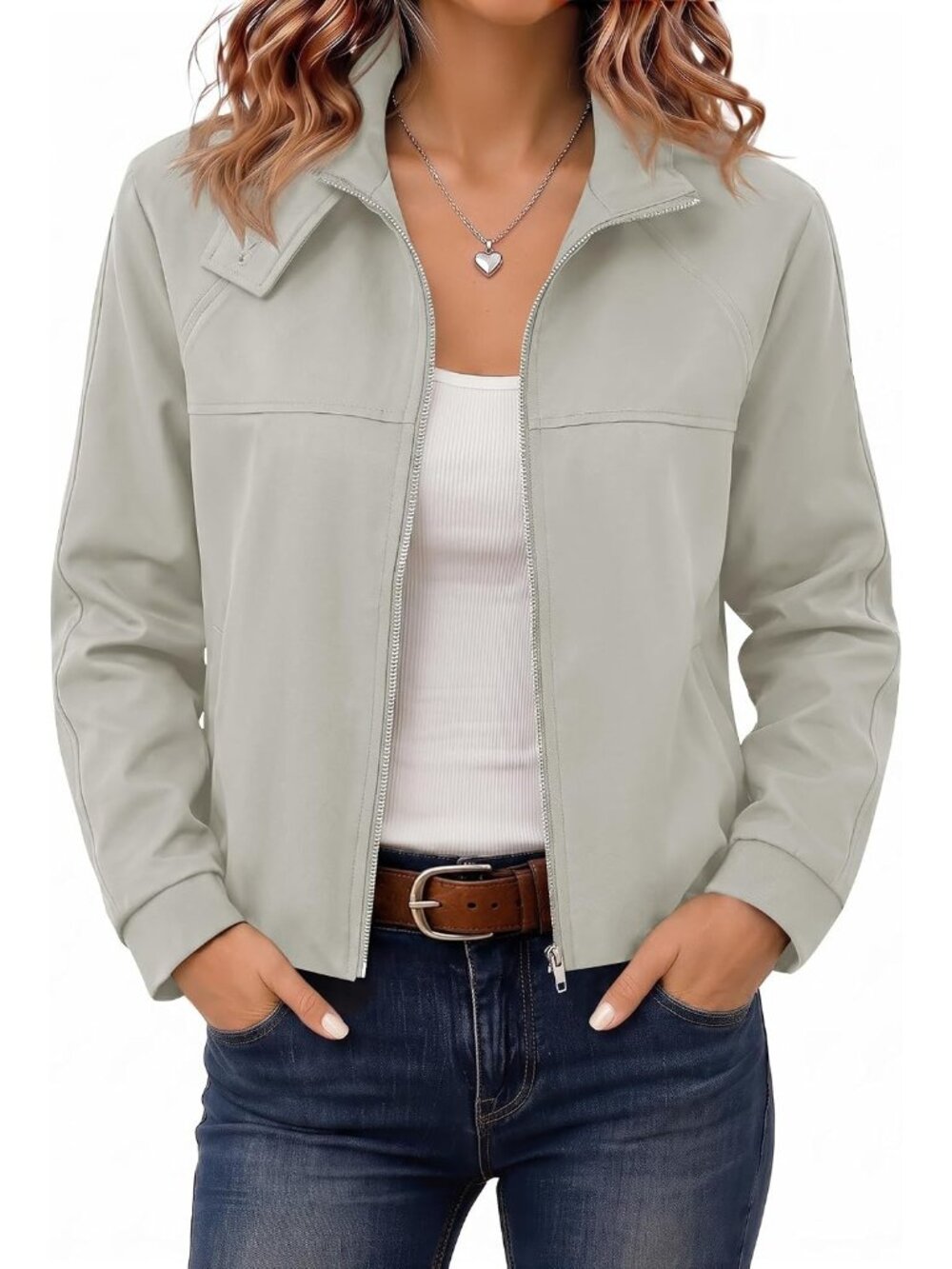 🆕Women’s Light Grey Cropped Zip Up Jacket Funnel Neck Bubble Back Moto Coat